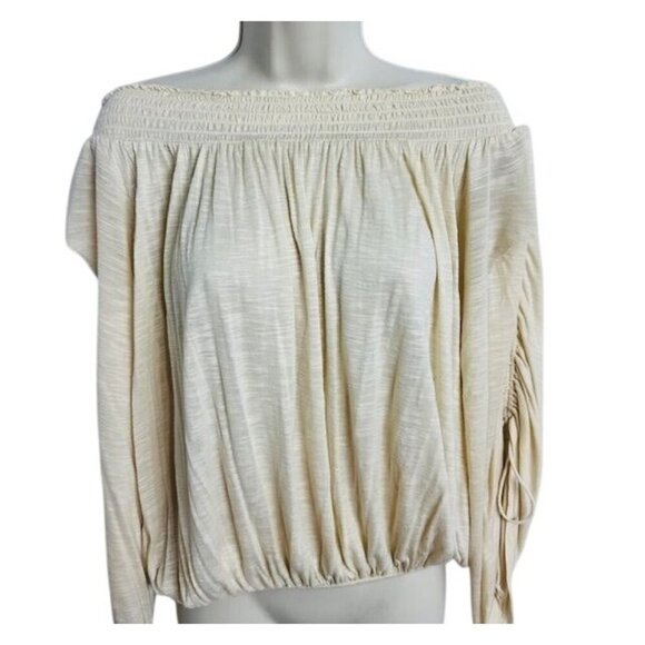 Free People Off-Shoulder Ruched Sleeve Bohemian Feminine Cream Open Back Top XS - Picture 1 of 8